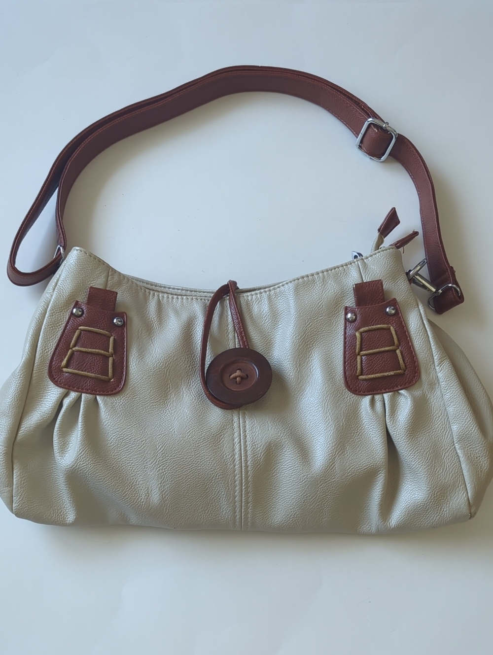 Scarleton Beige and Brown Faux Leather Shoulder Bag with Button Detail